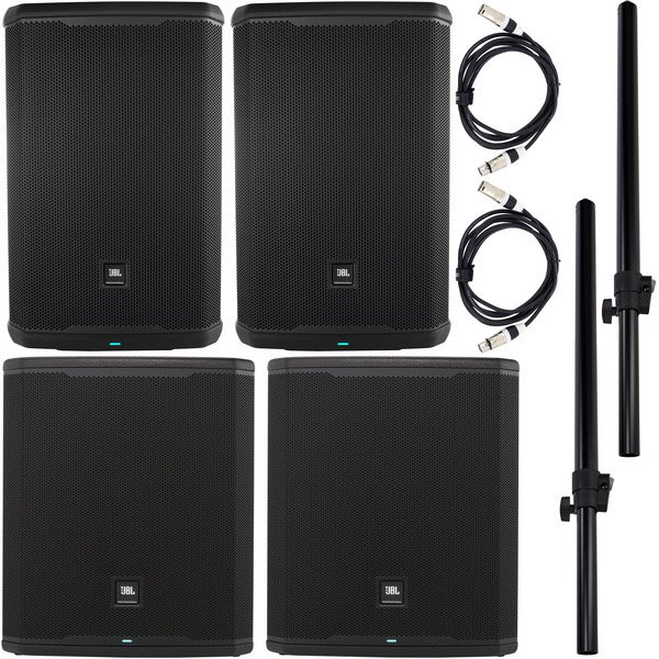 JBL Beschallungsbundle mit zwei Topteilen, zwei Subwoofern und Distanzrohren